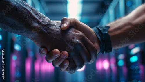 Two people shaking hands in a modern office with a blurred background of colorful lights