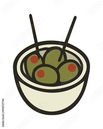 Green olives in a bowl. Vector isolated illustration