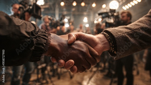 Two people shaking hands in front of a crowd of photographers and videographers on a movie set