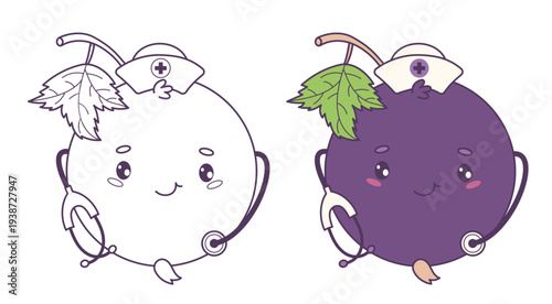 Nurse Blackcurrant Girl with Stethoscope. Color and Outline Cute Kawaii Berry Currant Mascot Medical Character. Isolated Line drawing, coloring page. Vector illustration
