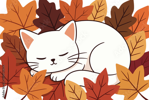 Cartoon illustration of white cat peacefully sleeping curled among colorful autumn leaves, cozy seasonal artwork symbolizing fall, relaxation, nature, and 