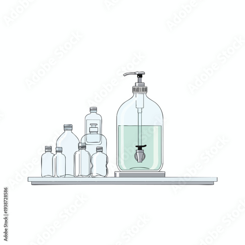 Collection of laboratory glassware with liquids and scientific equipment on a clean white surface