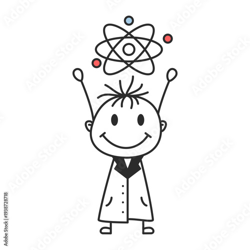 Stick Figure Scientist with Atom Symbol Hand Drawn Doodle Vector Illustration