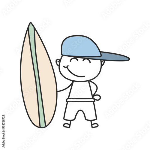 Cute Stick Figure Surfer Boy with Surfboard Hand Drawn Doodle Vector
