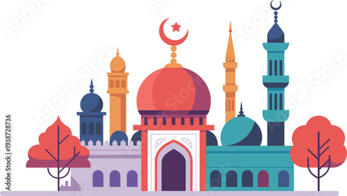Colorful illustration of Islamic mosque complex with domes, minarets, arches, crescent moon and star, decorative trees, vibrant cultural artwork symbolizing 