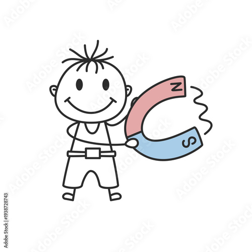 Stick Figure Boy Holding Horseshoe Magnet Hand Drawn Doodle Vector Illustration