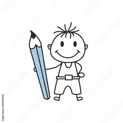 Stick Figure Boy Holding Big Blue Pencil Hand Drawn Doodle Vector