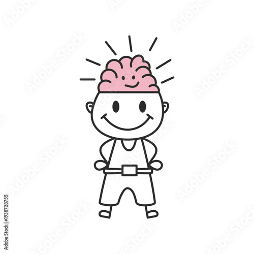 Stick Figure Boy with Glowing Brain Hand Drawn Doodle Vector Illustration