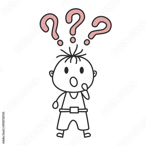 Stick Figure Boy with Question Marks Hand Drawn Doodle Vector Illustration