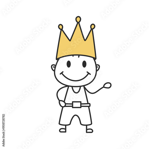 Stick Figure Boy with Gold Crown Hand Drawn Doodle Vector Illustration