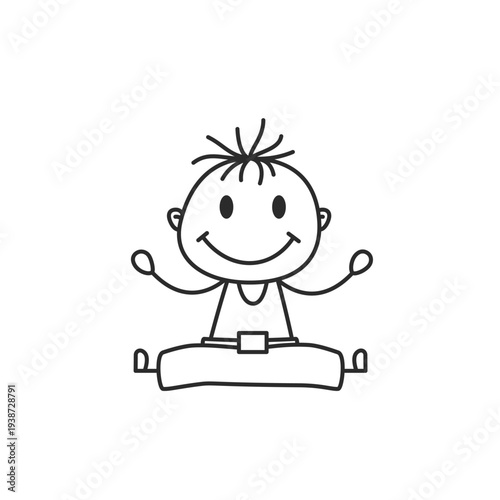 Stick Figure Boy Sitting in Meditation Lotus Pose Hand Drawn Doodle Vector