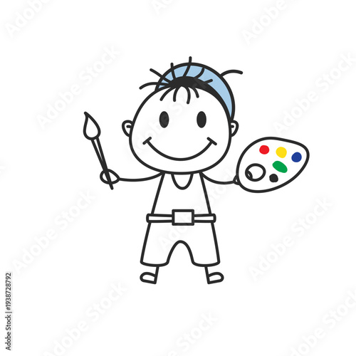 Stick Figure Artist with Paint Brush and Palette Hand Drawn Doodle Vector