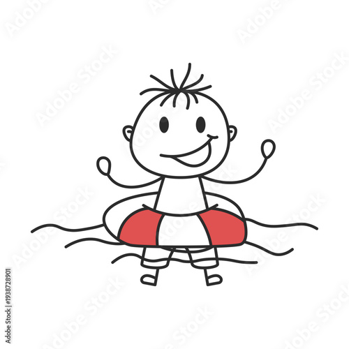 Stick Figure Boy Swimming in Red Lifebuoy Ring Doodle Vector Illustration