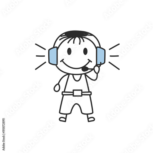 Stick Figure Boy with Headset Call Center Support Doodle Vector Illustration