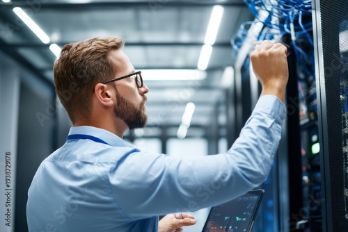 IT Technician Checking Server Cabinet for Technical Issues in Modern Hotel Infrastructure