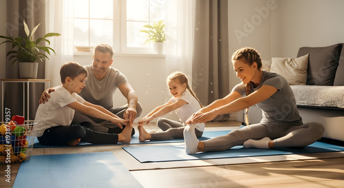 “Parents and children doing stretching exercises together in living room, healthy routine.”