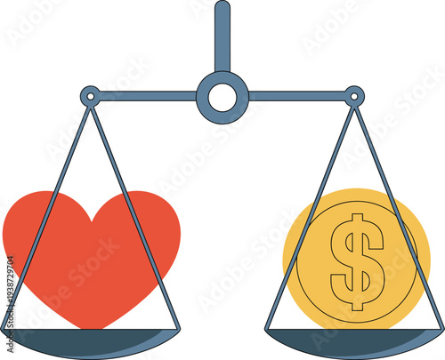 Balance scale with heart and dollar coin illustration, love versus money concept symbol for financial decision design