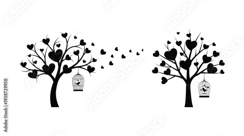 Whimsical tree silhouettes with heart shaped leaves and birdcages