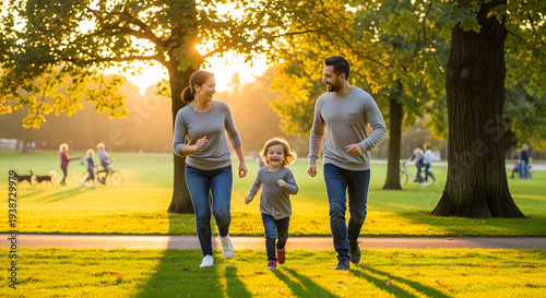 “Parents encouraging child during running exercise in park.”