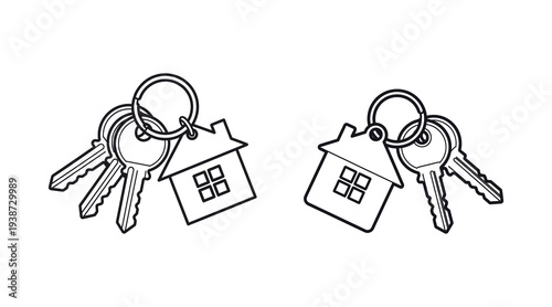 Two sets of house keys with keychains in the shape of houses