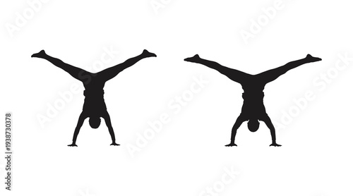 Two silhouette figures performing handstands in unison on white background