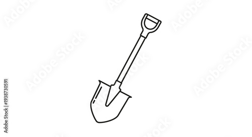 Simple Line Drawing of a Shovel, Garden Tool Icon, Isolated on White Background