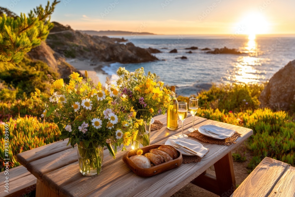 Fototapeta premium Serene Ocean Overlook with Picnic Setup at Sunset on Coastal Cliffside