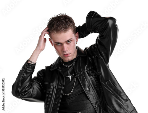 Young man in stylish clothes and accessories on white background