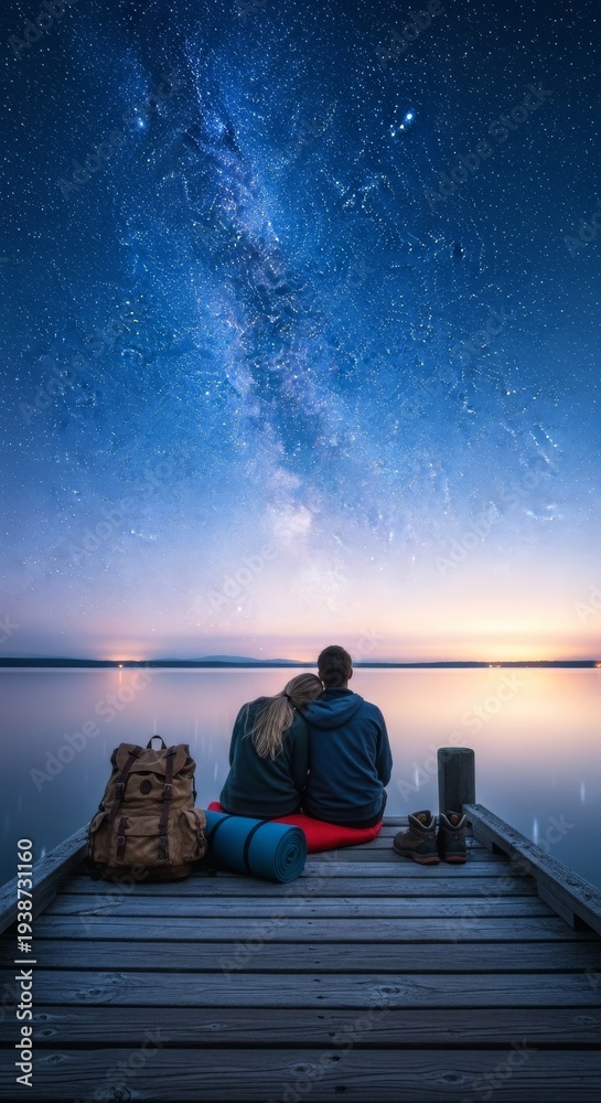 Fototapeta premium A serene pair sits on a wooden dock, gazing at a star-filled night sky. Outdoor adventure gear rests nearby, ready for exploration, boots, journey, waterfront