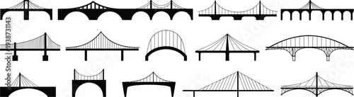 Collection of bridge silhouette icons set featuring suspension arch cable and viaduct bridges, minimal architecture infrastructure vector design