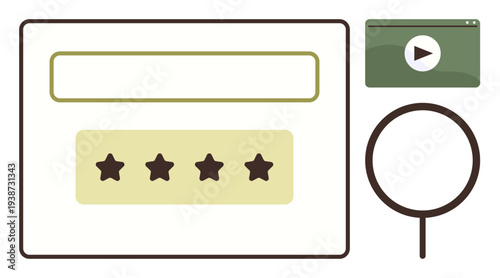 User experience, online reviews, digital media, content evaluation, search functionality, website interface. Browser window with rating stars, search icon and video player. User experience