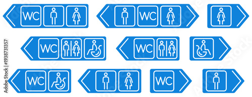 Restroom direction icons in outline style on blue background. Vector toilet navigation signs with arrows and gender symbols including wheelchair accessible facilities.