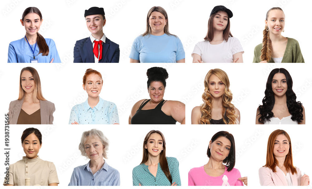 Fototapeta premium Group of beautiful women on white background. Collection of different portraits