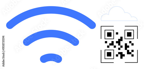 Digital communication, cloud computing, QR code access, secure networks, wireless technology, data exchange. Blue wireless signal icon next to a QR code and cloud symbol. Digital communication