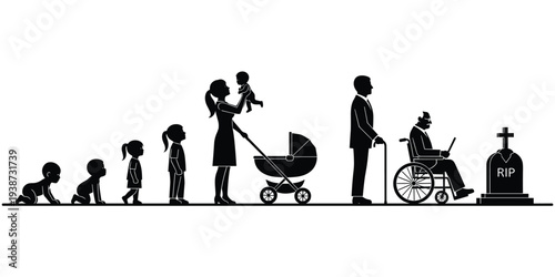 Human life cycle illustration, stages from birth to death, aging process silhouette, symbolic progression of time, flat vector illustration