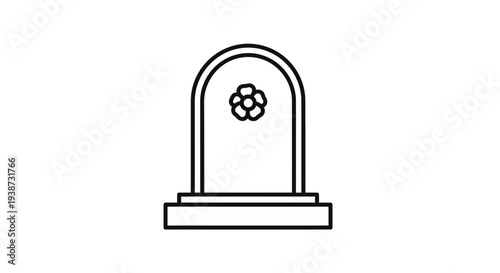 Simple line art illustration of a tombstone with a flower emblem, representing remembrance and memorial.