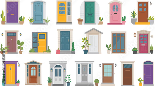 Colorful house front doors collection set, modern residential entrance designs with plants and windows for home exterior architecture illustration
