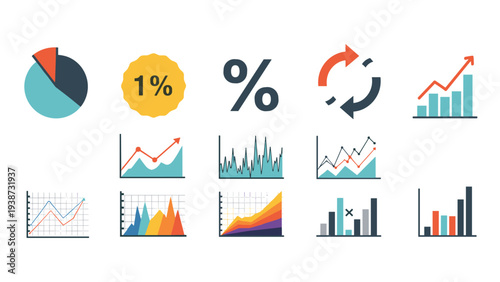 Comprehensive set of data visualization icons including pie charts, line graphs, bar charts, and business percentage symbols for reports.