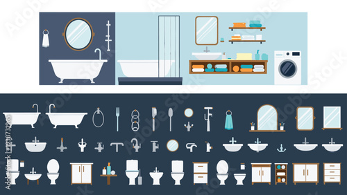 Large collection of bathroom furniture and fixture icons including bathtubs, sinks, toilets, mirrors, cabinets, and a washing machine.
