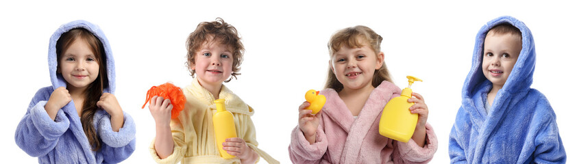 Cute little children in soft bathrobes on white background, collage of photos
