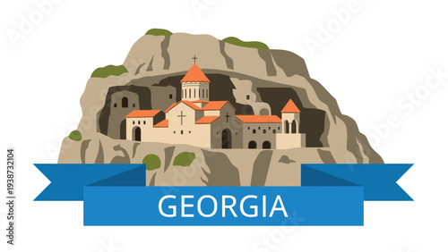 Famous monastery carved into the rocky mountains of Georgia with a blue decorative banner at the bottom of the image.