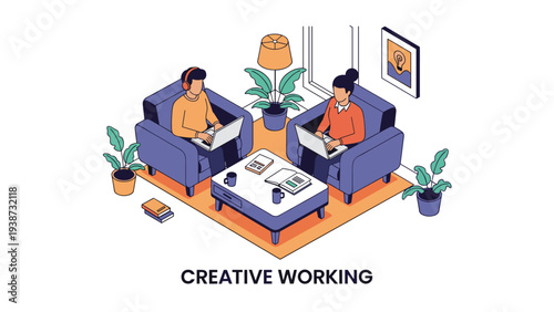 Creative working environment featuring two professionals using laptops while sitting in comfortable armchairs in an office.