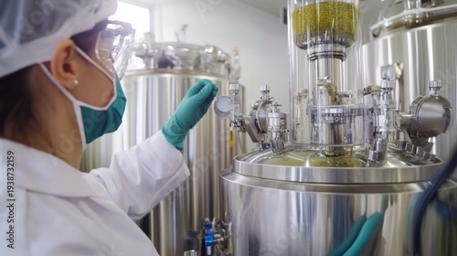 Scientist in a modern lab, adding a substance to a large container