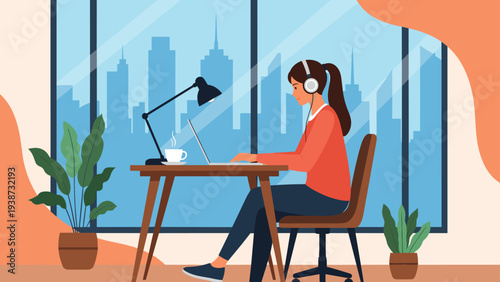 Young woman wearing headphones working on her laptop at a desk with a scenic city skyline view through the window.