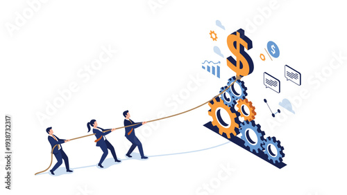 Team of business professionals engaging in a tug of war to pull a giant gold dollar sign attached to industrial gears.