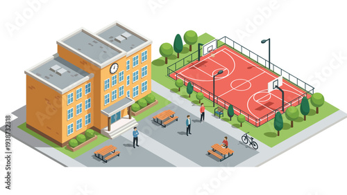 Isometric view of a school building with a clock tower and an adjacent red basketball court with green trees around it.