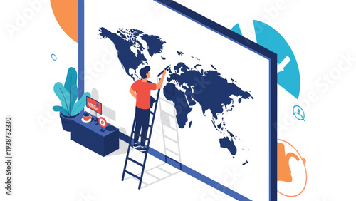 Creative artist standing on a ladder and drawing a large blue world map on a white studio wall with various accessories.