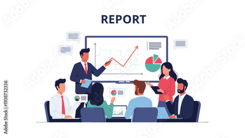 Business group attending a formal report meeting with a presenter showing data charts and graphs on a large screen.