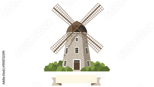 Traditional old stone windmill standing in a green park area with a blank parchment banner for text at the bottom.