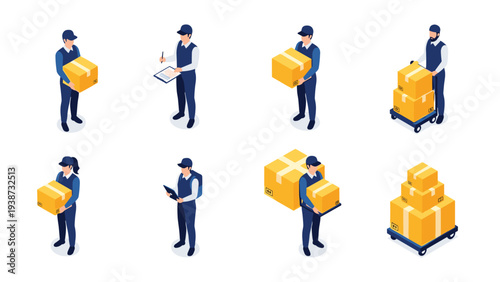 Set of delivery men and women in uniforms performing tasks like carrying boxes, writing reports, and using hand trucks.